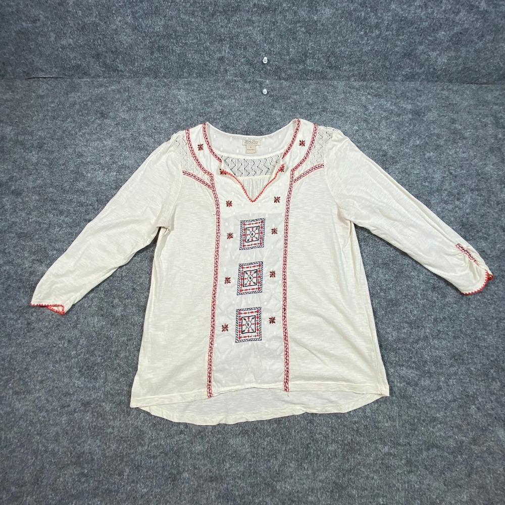 Lucky Brand Womens XL Ivory Embroidered Crochet Lace Peasant Blouse Top Cotton